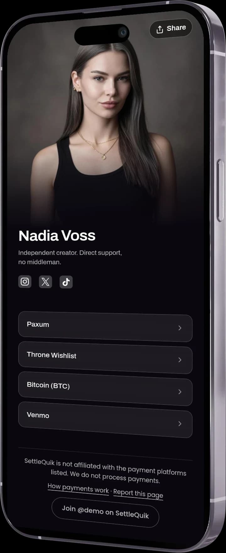 A SettleQuik payment page on a phone: Nadia Voss, an independent creator, listing Paxum, Throne Wishlist, Bitcoin, and Venmo as ways to pay