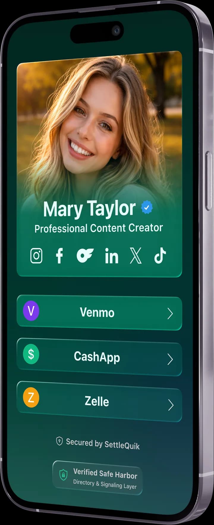 SettleQuik mobile payment link page showing creator payment options