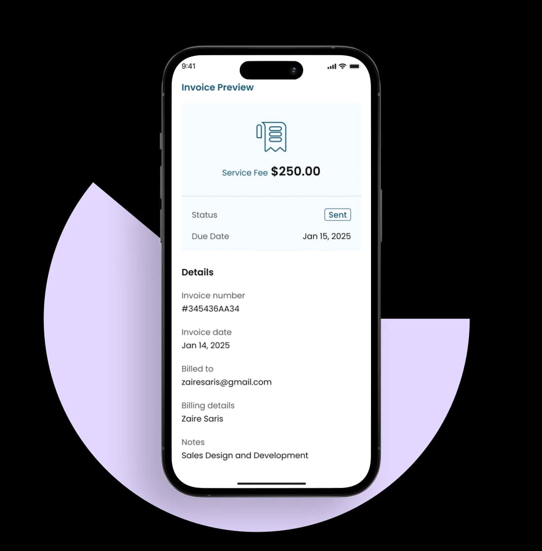 SettleQuik smart invoicing interface with a branded invoice preview